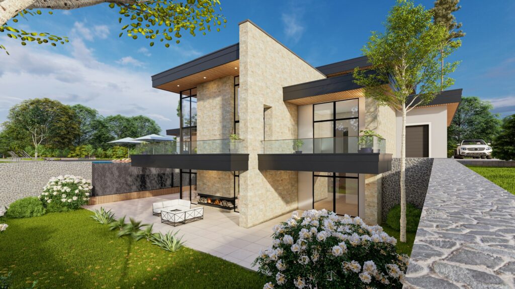 A modern house with rustic stone veneer accent walls