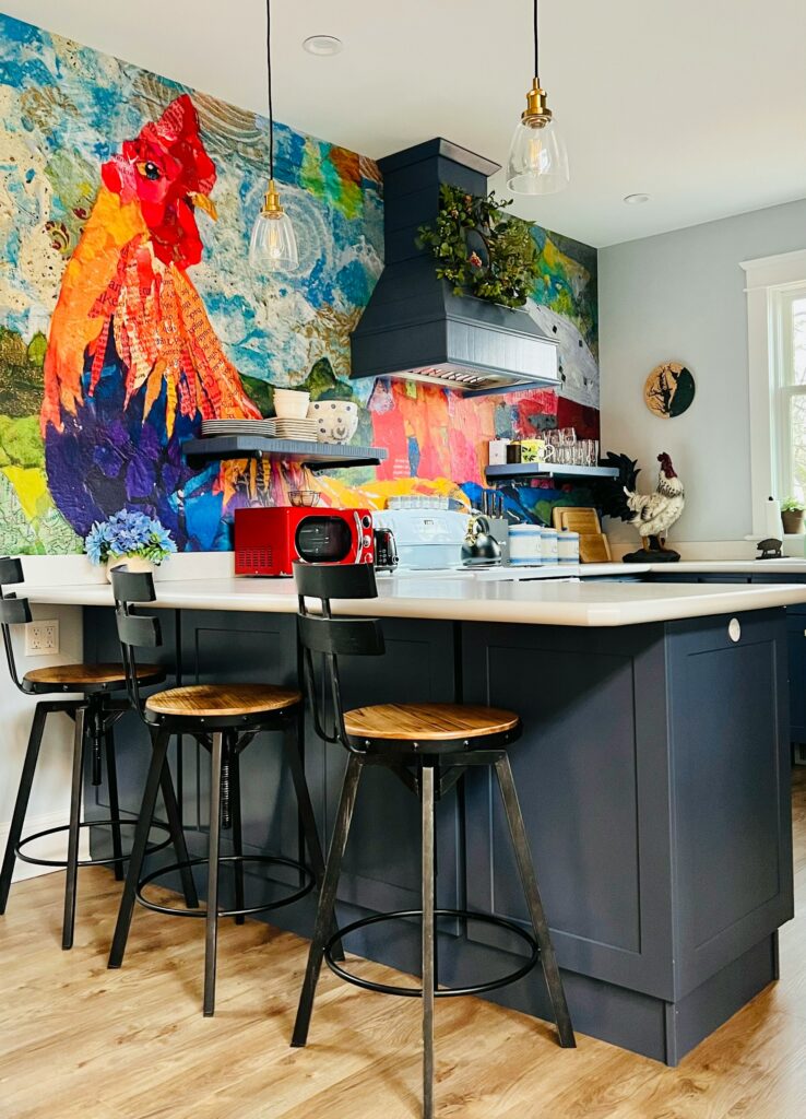 Kitchen renovation with a huge colorful peel-and-stick backsplash.
