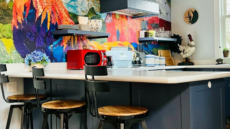 Kitchen renovated with a huge colorful peel-and-stick blacksplash