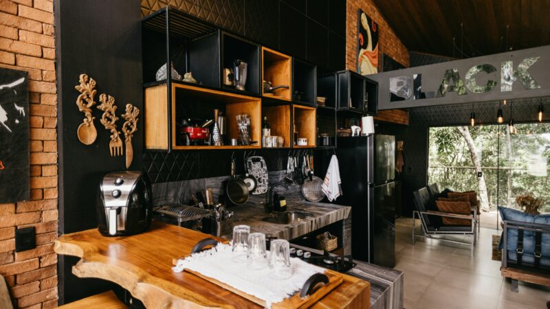 Kitchen with brick wall